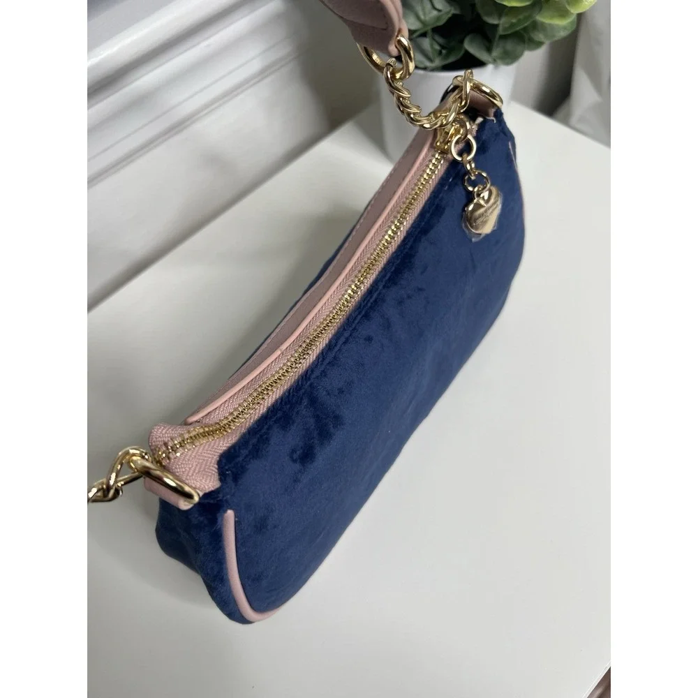 Juicy Couture Heritage Velour Shoulder Bag Regal Blue Pink Y2K Gold‎ Chain Purse